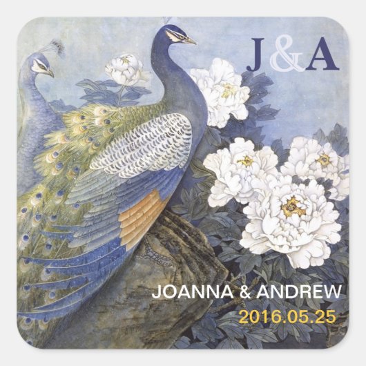  Peacock Pair Peony Blossoms Trouwgunsten Vierkante Sticker (Voorkant)