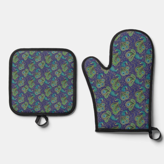 Peacock Paisley Pattern Blue Ovenwant & Pannenlap Set (Voorkant)