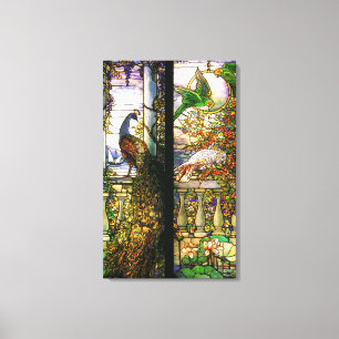 Peacock Parrot Bird Glas in lood Stretched Canvas Afdruk