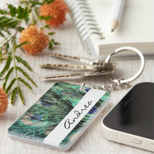 Peacock, Peafowl, Peacock Tail, Jouw naam Sleutelhanger (Voorkant Rechts)