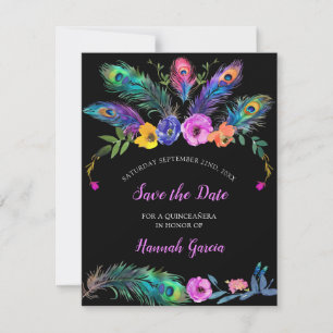Peacock Plume-Flowers Quinceañera Save The Date