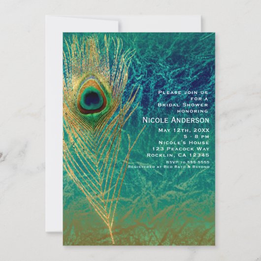 Peacock Plumes Bleu Turquoise Or Invitations exoti (Devant)