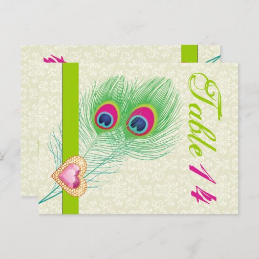 Peacock plumes joyau coeur mariage numéro de table (Devant / Derrière)