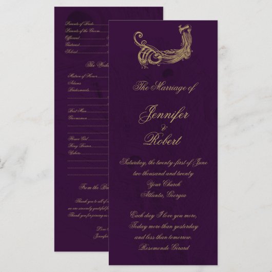 Peacock Regency in Paarse bruiloft programma (Voorkant / Achterkant)