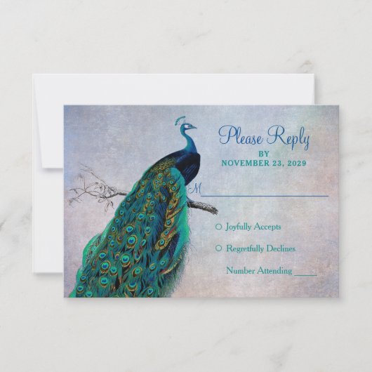 Peacock RSVP Wedding Response Kaart  Blue (Voorkant)