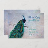 Peacock RSVP Wedding Response Kaart  Blue (Voorkant / Achterkant)