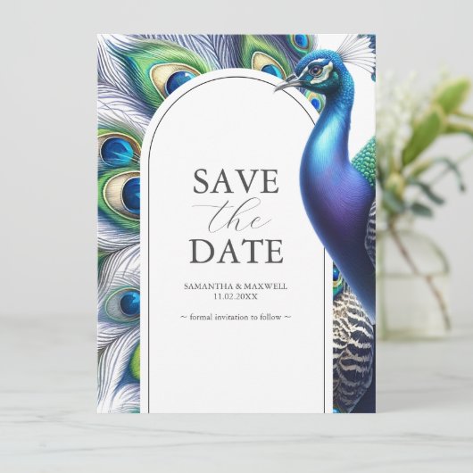 Peacock Save De Datum Bruiloft Aankondigingen (Staand voorkant)
