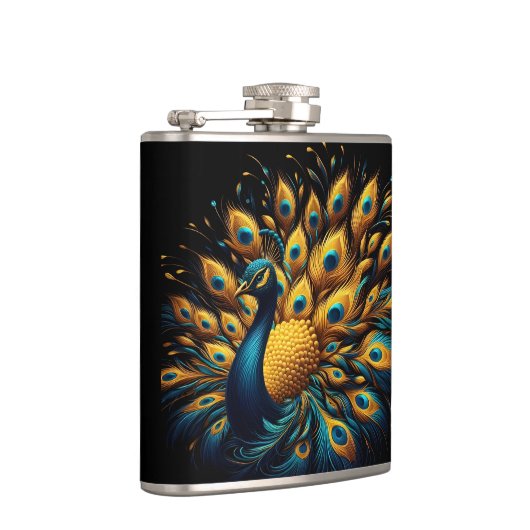 Peacock Showcasing Blauw en Geel Plumage Heupfles (Rechts)