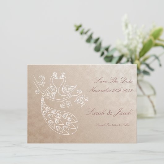 Peacock sparen-de-Datum, stijl Alpana Save The Date (Staand voorkant)
