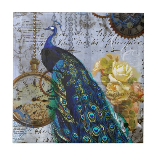 Peacock Steampunk Yellow Rose Clock tandwielen Tegeltje (Voorkant)