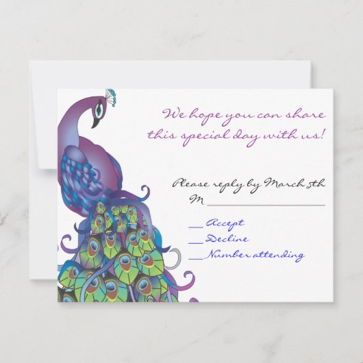 Peacock Theme Bat Mitzvah Reply card Invite Blue Kaart (Voorkant)