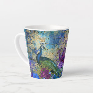 Peacock Trendy Blue Bird Feathers Flowers Latte Mok