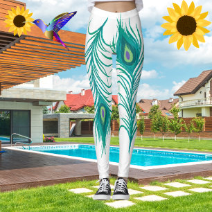 Peacock Turquoise moderne plumes Leggings blancs