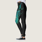Peacock Turquoise moderne plumes Leggings noirs (Gauche)