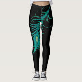 Peacock Turquoise moderne plumes Leggings noirs (Devant)