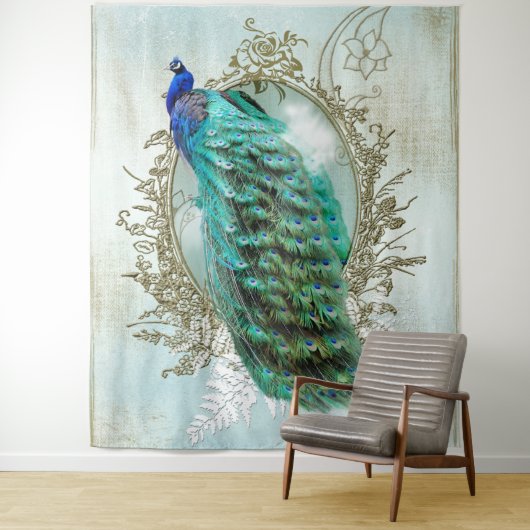 Peacock turquoise shabbyvogel wandkleed (In situ)