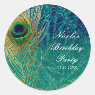 Peacock Veer Blauw Blauwgroen Goud Exotische Custo Ronde Sticker