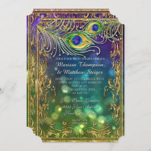 Peacock Veer Bruiloft Antiek  Masker Bokeh Kaart (Voorkant / Achterkant)