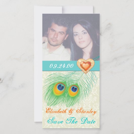 Peacock veer juweel hart bruiloft Save the Date (Voorkant)