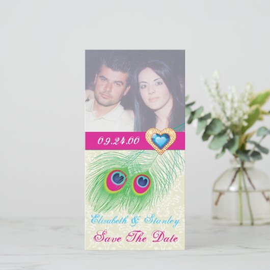 Peacock veer juweel hart bruiloft Save the Date (Staand voorkant)