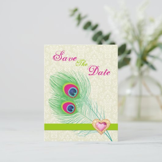 Peacock veer juweel hart bruiloft Save the Date Aankondigingskaart (Staand voorkant)