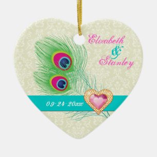 Peacock veer juweel hart bruiloft Save the Date Keramisch Ornament