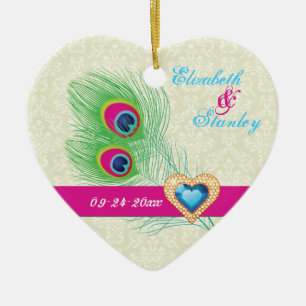 Peacock veer juweel hart bruiloft Save the Date Keramisch Ornament