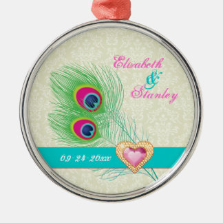 Peacock veer juweel hart bruiloft Save the Date Metalen Ornament