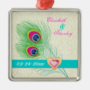Peacock veer juweel hart bruiloft Save the Date Metalen Ornament