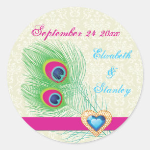 Peacock veer juweel hart bruiloft Save the Date Ronde Sticker