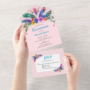 Peacock Veren & Bloemen Blush Roze Quinceañera All In One Uitnodiging