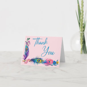 Peacock Veren & Bloemen Quinceañera Blush Pink Bedankkaart