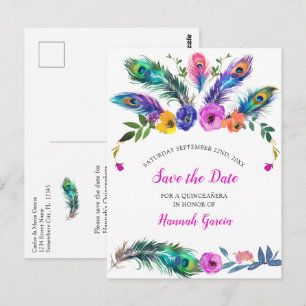 Peacock Veren & Bloemen Quinceañera Budget Briefkaart