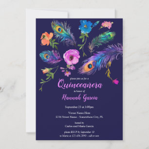 Peacock Veren & Bloemen Quinceañera Party Kaart
