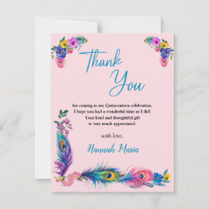 Peacock Veren & Bloemen Quinceañera Roze Flat Bedankkaart
