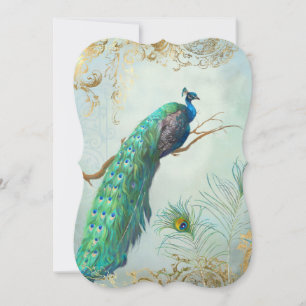 Peacock Veren Elegant Goud Aqua Blauw Bruiloft Kaart