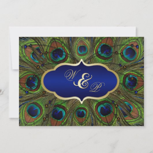 Peacock veren, kralen bruiloft uitnodiging - Blauw (Voorkant)