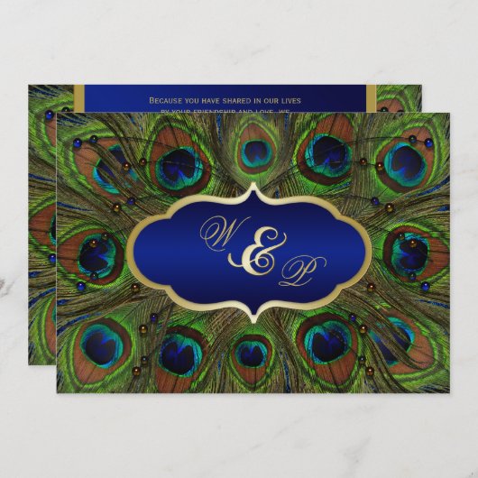 Peacock veren, kralen bruiloft uitnodiging - Blauw (Voorkant / Achterkant)