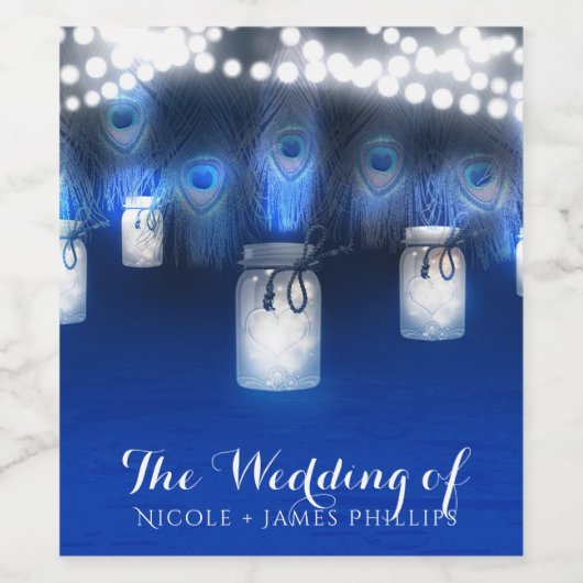 Peacock veren, Mason Jar & String Lights Wijn Wijn Etiket (Enkel label)
