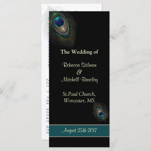 Peacock veren op zwarte bruiloft programma (Voorkant / Achterkant)