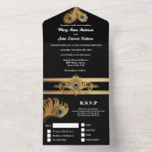 Peacock veren zwart goud elegante bruiloft all in one uitnodiging (Binnen)
