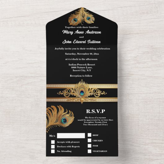 Peacock veren zwart goud elegante bruiloft all in one uitnodiging (Binnen)