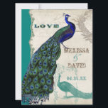 Peacock vintage 5 - Faire-part de mariage formel<br><div class="desc">Il y a une touche de fantaisie et d'amusement dans ce design avec deux paons vintages, l'un dans des couleurs intenses de cobalt, paon, et bleu aqua avec violet et vert, l'autre est un stylo et un dessin d'encre en bleu paon. Vous avez le choix entre des couleurs arrière -...</div>