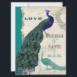 Peacock vintage 5 - Faire-part de mariage formel<br><div class="desc">Il y a une touche de fantaisie et d'amusement dans ce design avec deux paons vintages, l'un dans des couleurs intenses de cobalt, paon, et bleu aqua avec violet et vert, l'autre est un stylo et un dessin d'encre en bleu paon. Vous avez le choix entre des couleurs arrière -...</div>