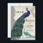 Peacock vintage 5 - Faire-part de mariage formel<br><div class="desc">Il y a une touche de fantaisie et d'amusement dans ce design avec deux paons vintages, l'un dans des couleurs intenses de cobalt, paon, et bleu aqua avec violet et vert, l'autre est un stylo et un dessin d'encre en bleu paon. Vous avez le choix entre des couleurs arrière -...</div>