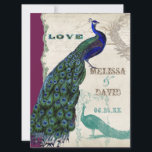 Peacock vintage 5 - Faire-part de mariage formel<br><div class="desc">Il y a une touche de fantaisie et d'amusement dans ce design avec deux paons vintages, l'un dans des couleurs intenses de cobalt, paon, et bleu aqua avec violet et vert, l'autre est un stylo et un dessin d'encre en bleu paon. Vous avez le choix entre des couleurs arrière -...</div>