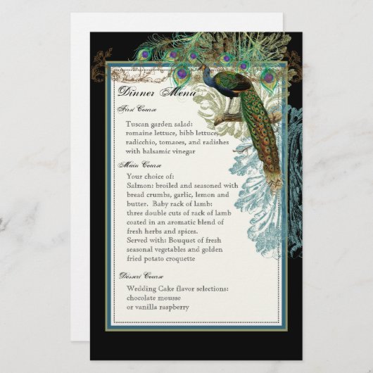 Peacock vintage, Plumes, Menu Dîner Feuille (Devant / Derrière)
