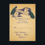 Peacock Vintage Wedding CARD RSVP | Bleu<br><div class="desc">Demandez à vos invités de répondre à votre faire-part de mariage avec ces belles cartes RSVP de mariage paon vintage. Parfait pour un mariage vintage ou un mariage à thème paon. Ce design unique avec Two Beautiful Peacocks sur bannière Vintage et texte dans une police bleu foncé sur un ancien...</div>