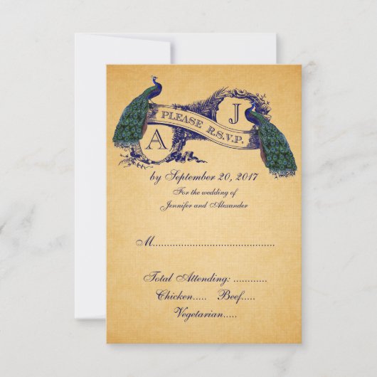 Peacock Vintage Wedding CARD RSVP | Bleu (Devant)