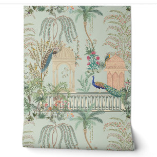 Peacock Vogel Bloemen Mughal Tuin Tropisch Behang